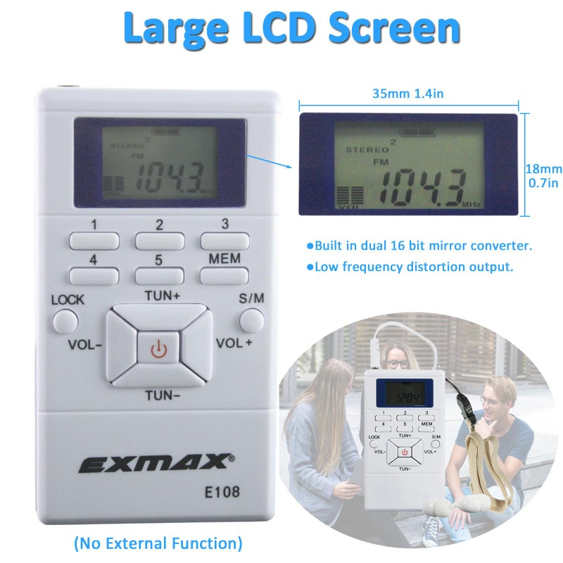 EXMAX E108 Wireless FM Radio Receiver Portable DSP Stereo Pocket Mini Receiver Digital Samll Earbuds LCD Clock for Translator Tour Guide System FM Transmitter Work - White - Image 4